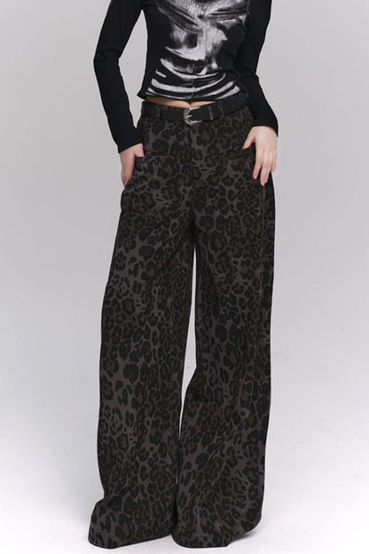 Ghost Girl American Leopard Print Jeans Wide-leg Pants Women's 2024 New Spring and Autumn Straight Pants Sweet and cool wear in early autumn