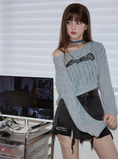 Blue Hollow Knitted Top