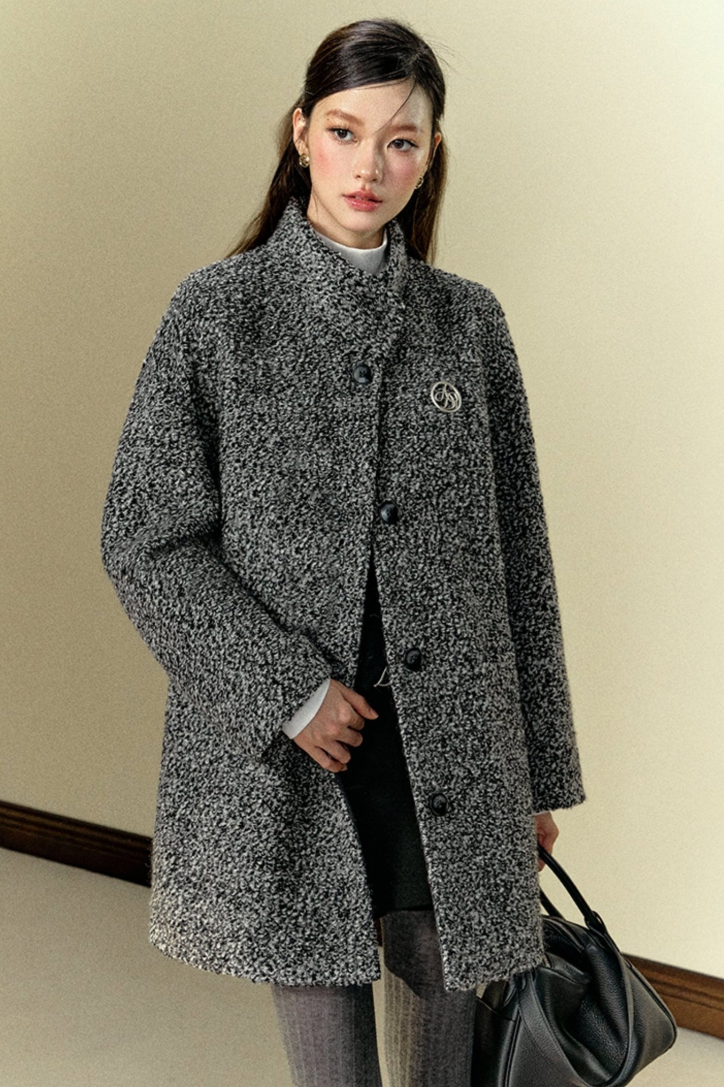 Mid-Length Woolen Stand-Collar Coat