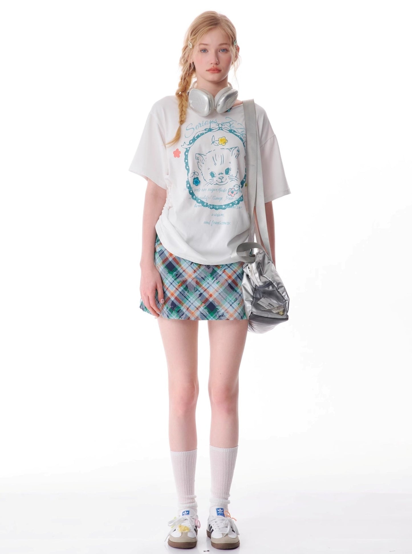 Loose Cat Print Drawstring T-Shirt