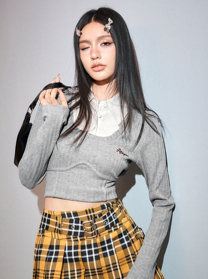 Fake Two-Piece College Knit Top