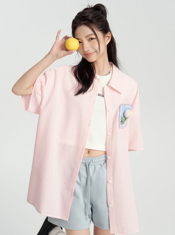 Plaid Crochet Pocket Short-Sleeved Shirt