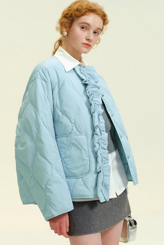 Blue Fungus Trimmed Short Down Jacket