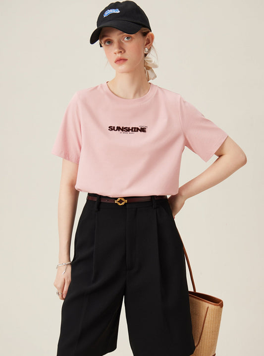 Crew Neck Short Sleeve Embroidered Tee T-Shirt
