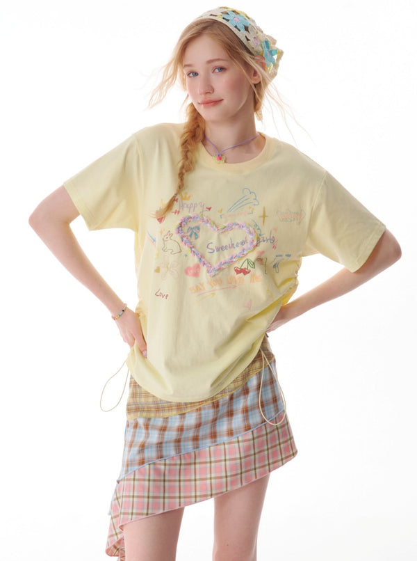 Drawstring Love Print Top