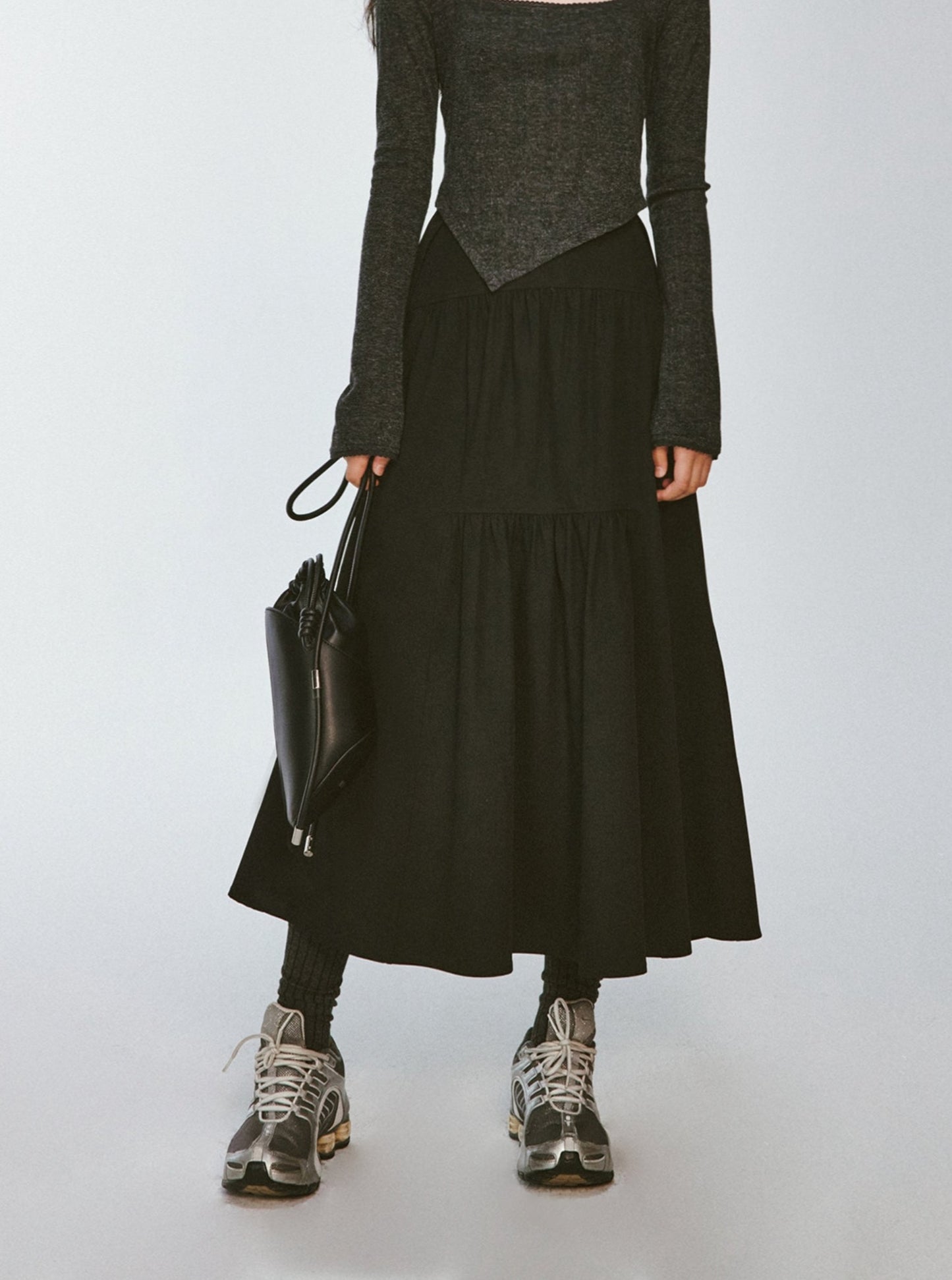 Deep Black Dense Pleated French Skirt