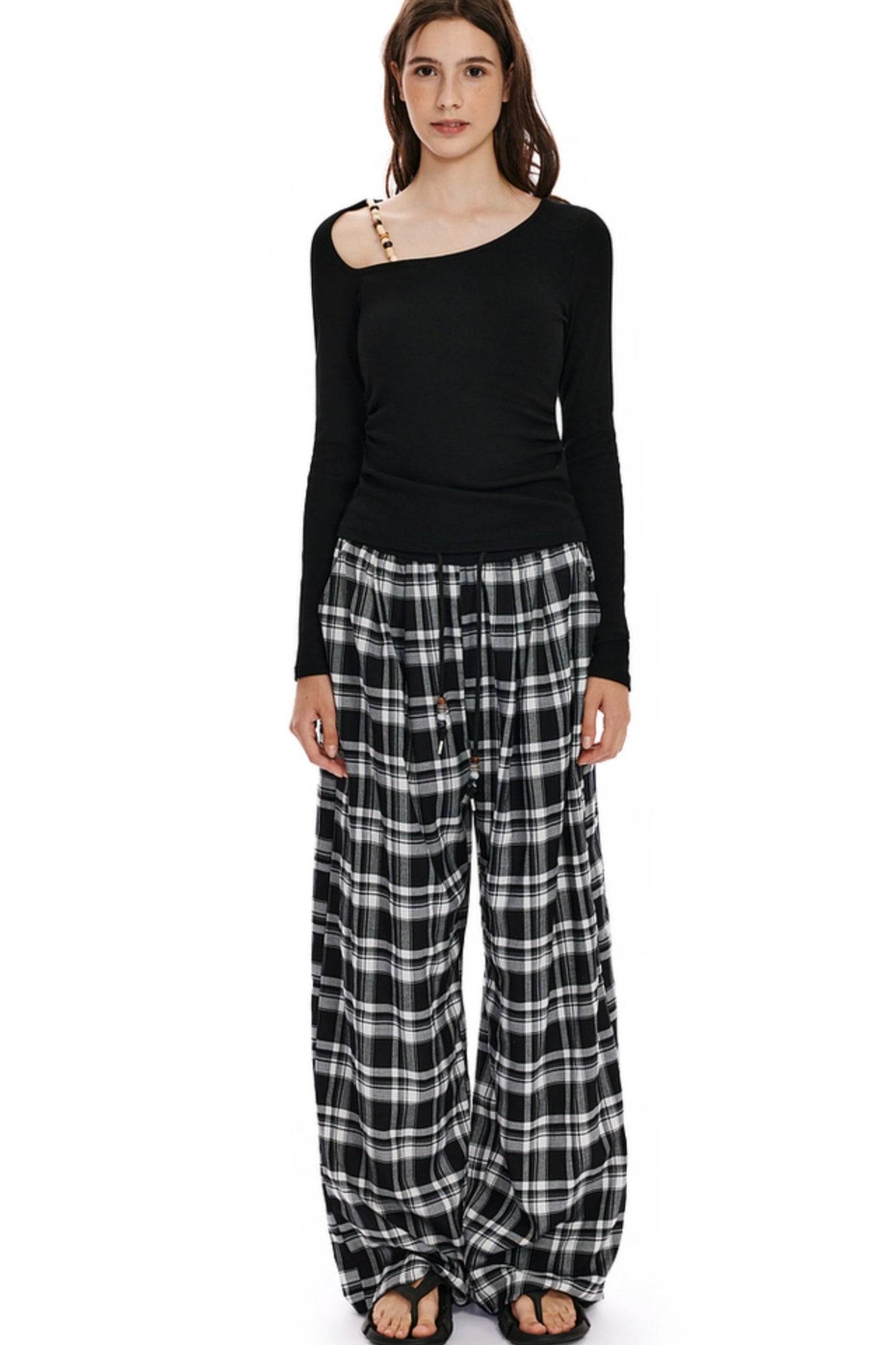 Checked Loose Wide-Leg Pants