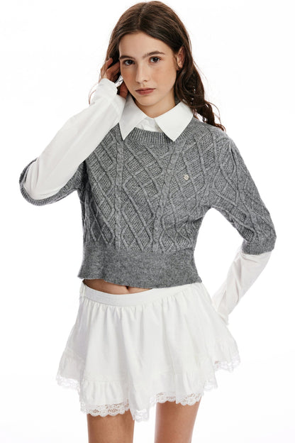 Shirt Collar Stitched Knit Sweater