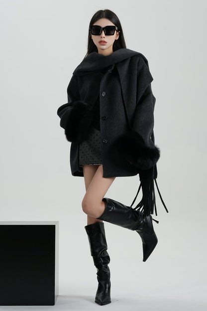 Fox Fur Sleeve Mid-Length Wool Coat