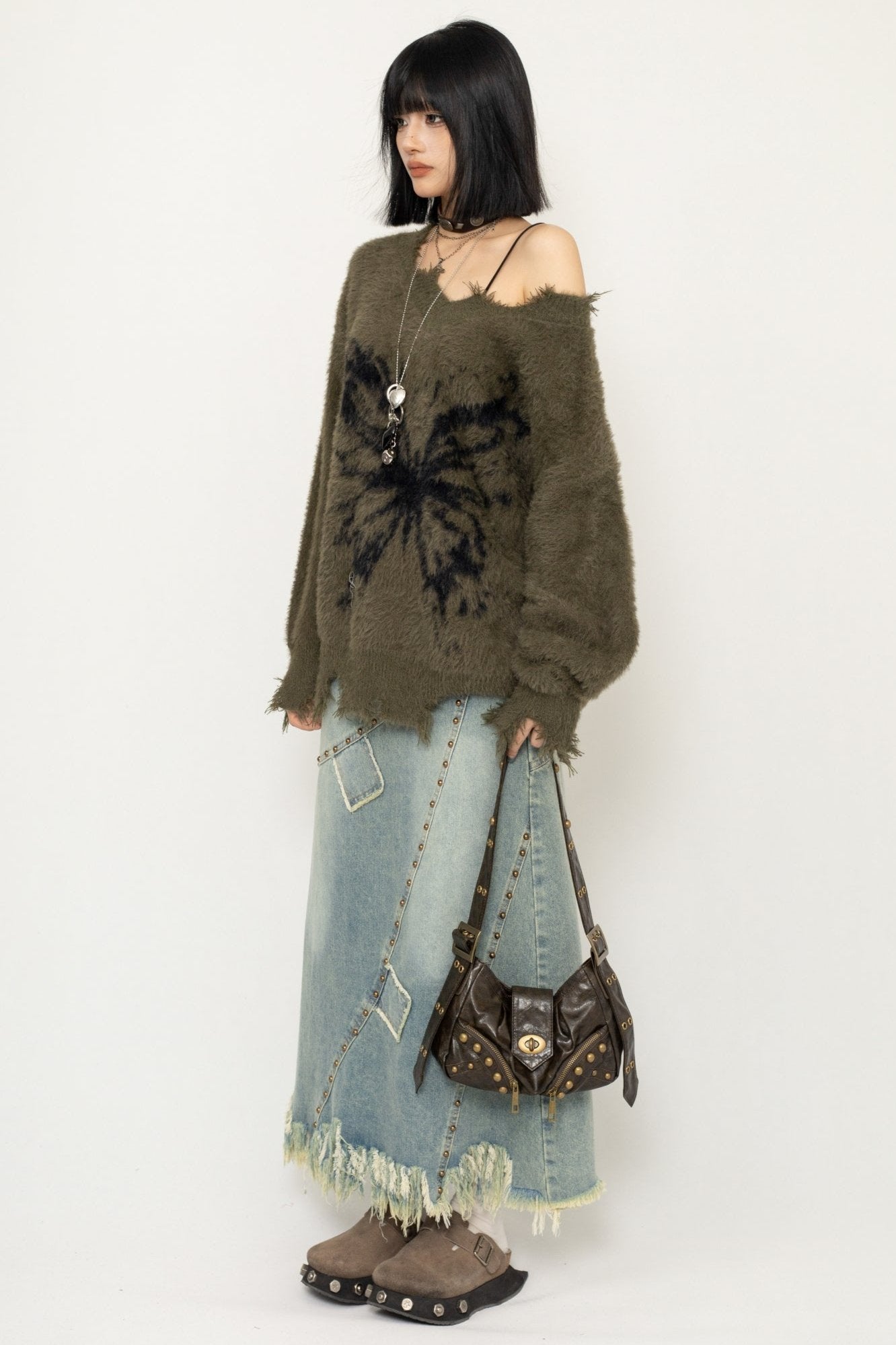 OCTTFLAB Lazy Wasteland Frayed Sweater Butterfly Print Top Herbst-Winter 2024 Neue Strickwaren Frauen