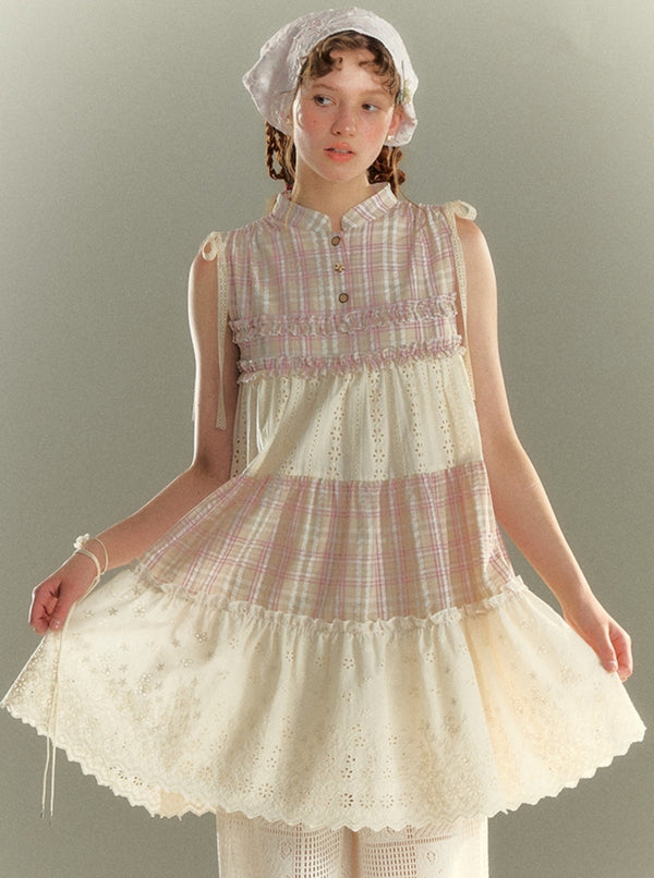 French Check Lace Midi Dress