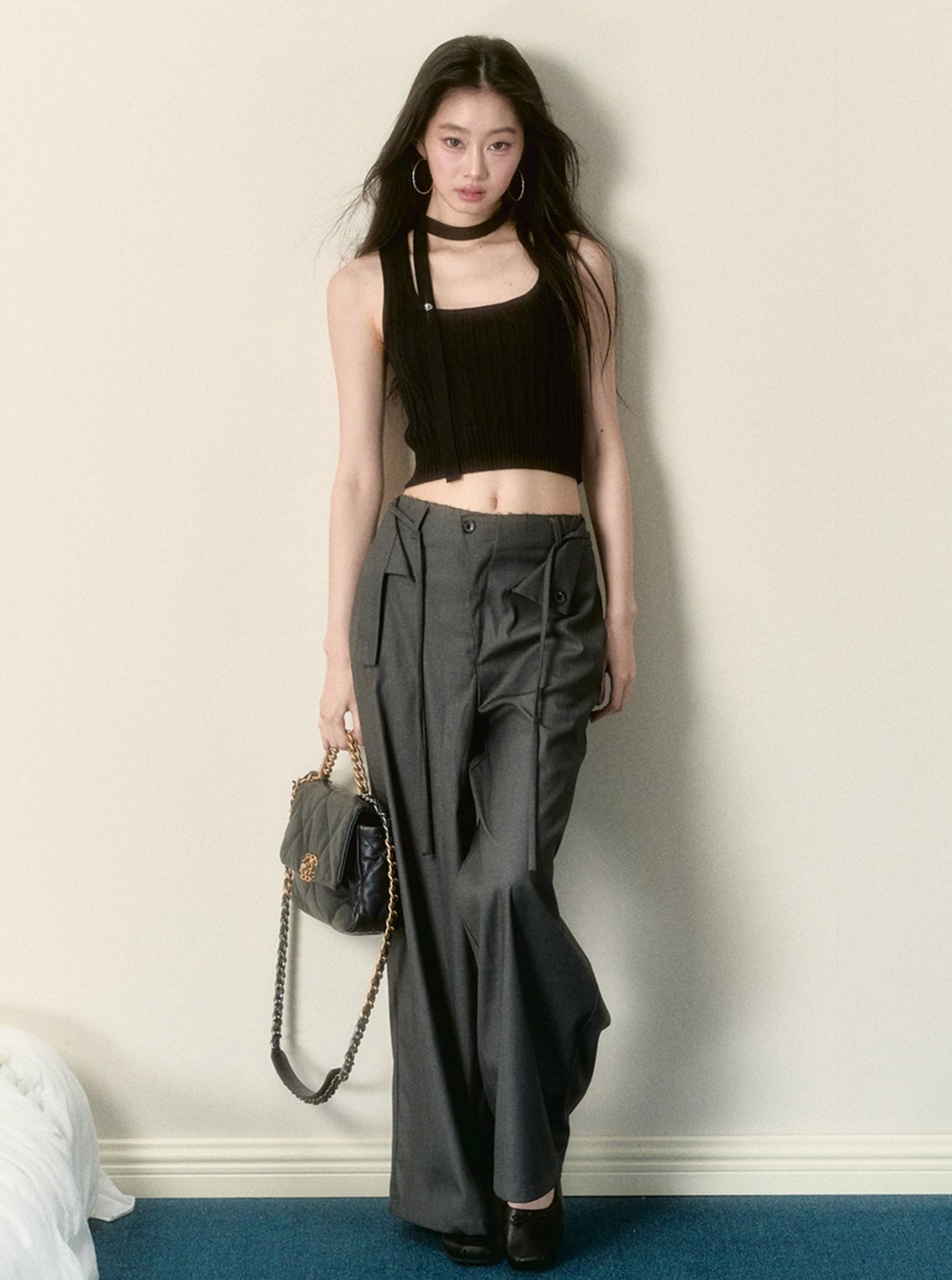 Turned-Up Gray Wide-Leg Pants