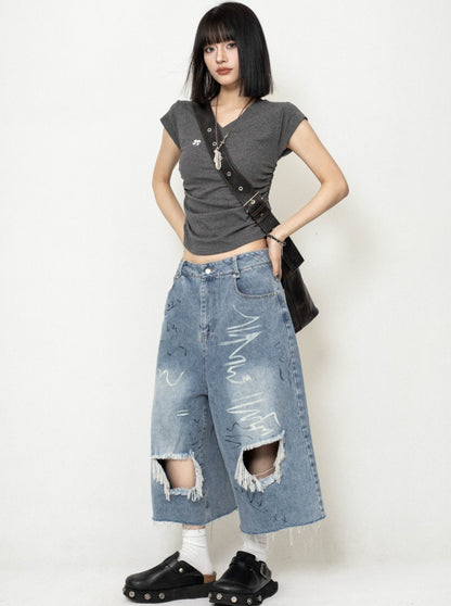 Ripped Denim Cropped Pants