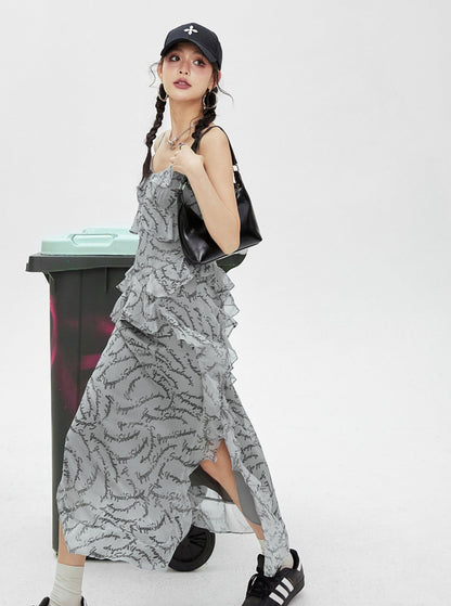 Ruffle Print Slit Slip Dress