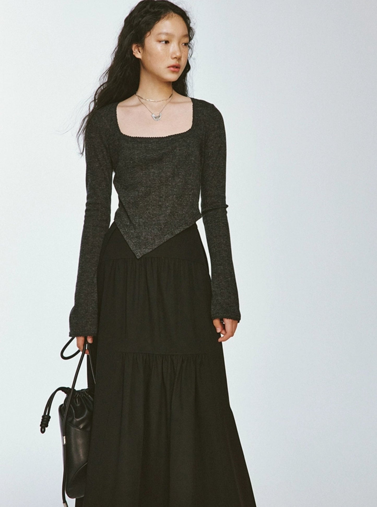 Deep Black Dense Pleated French Skirt