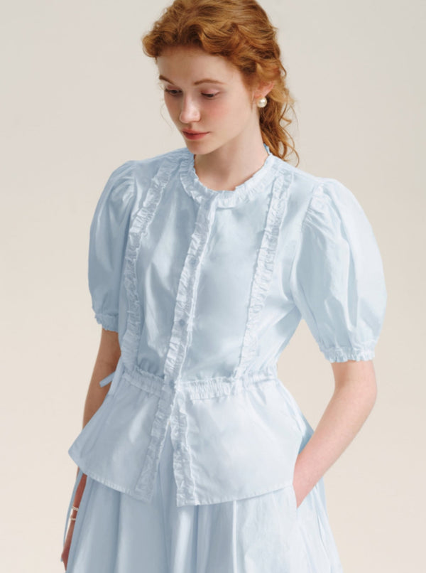 Drawstring Waist Puff Sleeve Shirt Set-Up