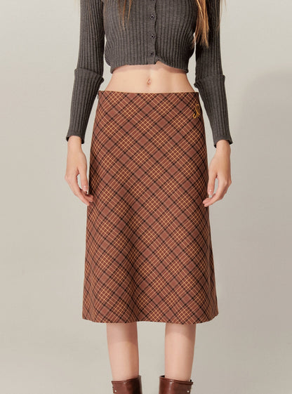 Checked A-Line Hip Midi Skirt