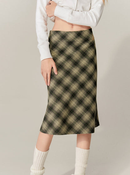 Checked A-Line Hip Midi Skirt