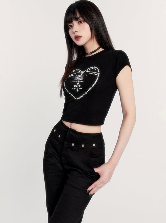 VOCK Sweet & Spicy Muse Micro Bullet Dark Rhinestone Heart Print T-Shirt Slim Shoulder Vielseitiges Kurzarm-Top Frauen