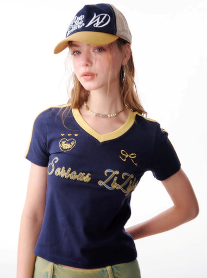 Retro Letter Embroidery V-Neck Top