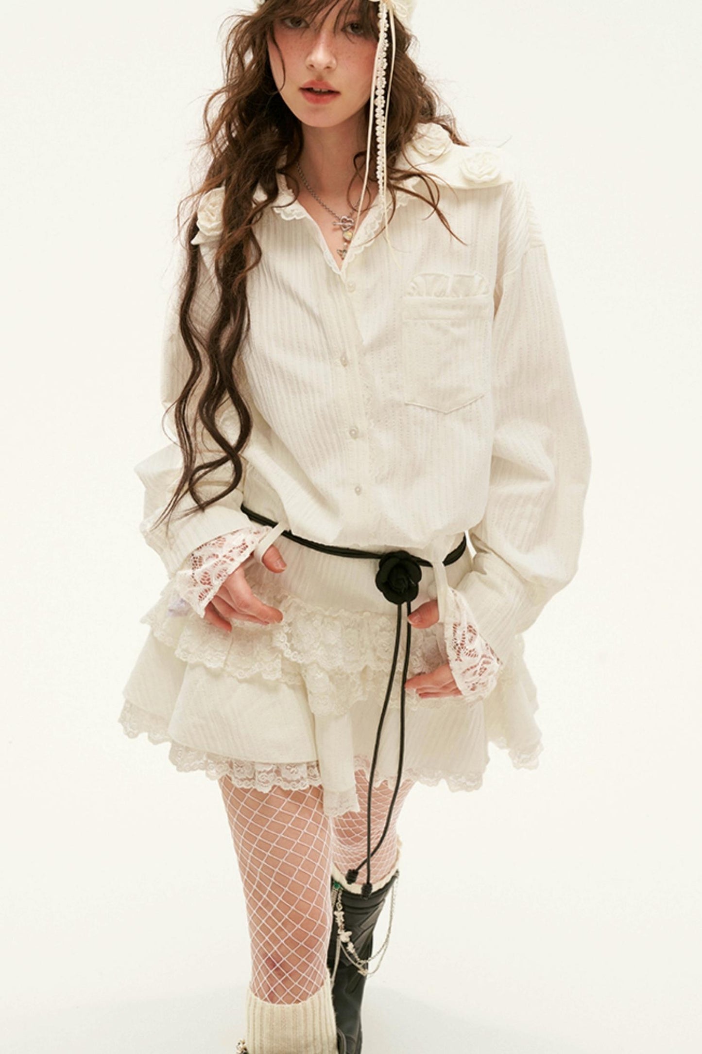 Rose Collar Lace Shirt Dress