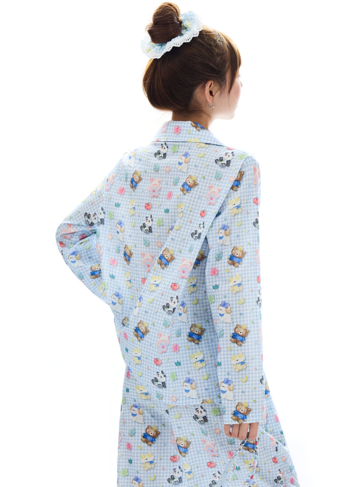 APEA sleepy bear puppy lazy long-sleeved pajamas cotton cute cartoon print parental pants two-piece suit