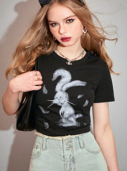 Bunny Print Slim Fit White T-Shirt