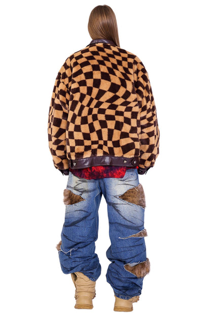 Checkerboard Plush Panel Coat