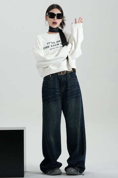 SRYSAME Alphabet Cropped Fleece Rundhalsausschnitt Sweatshirt Langarm Lose Pullover Top Neue Herbst Winter Damenmode