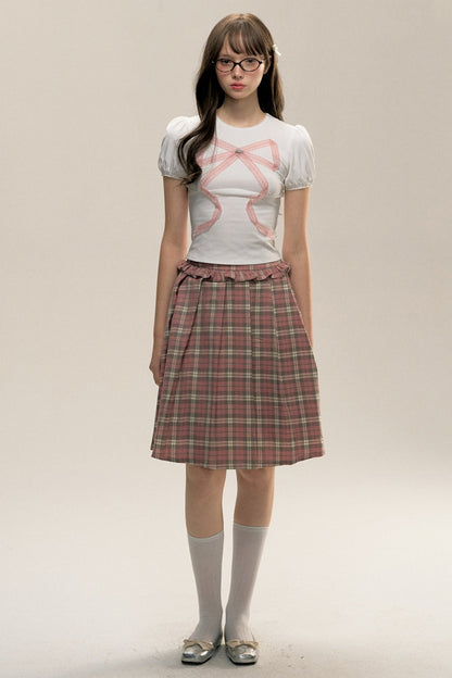 Plaid Diary Pink Lace Pleated Skirt