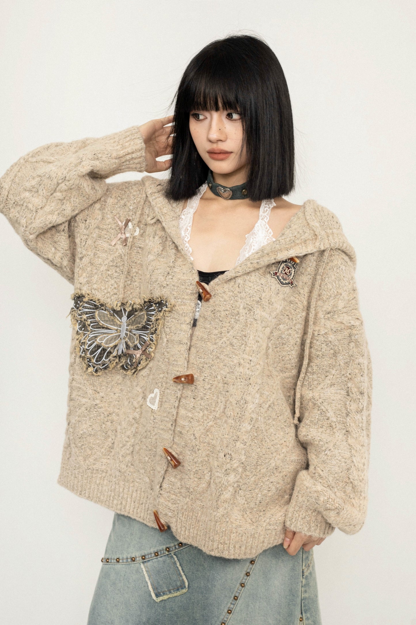 Butterfly Embroidery Hooded Knit Jacket