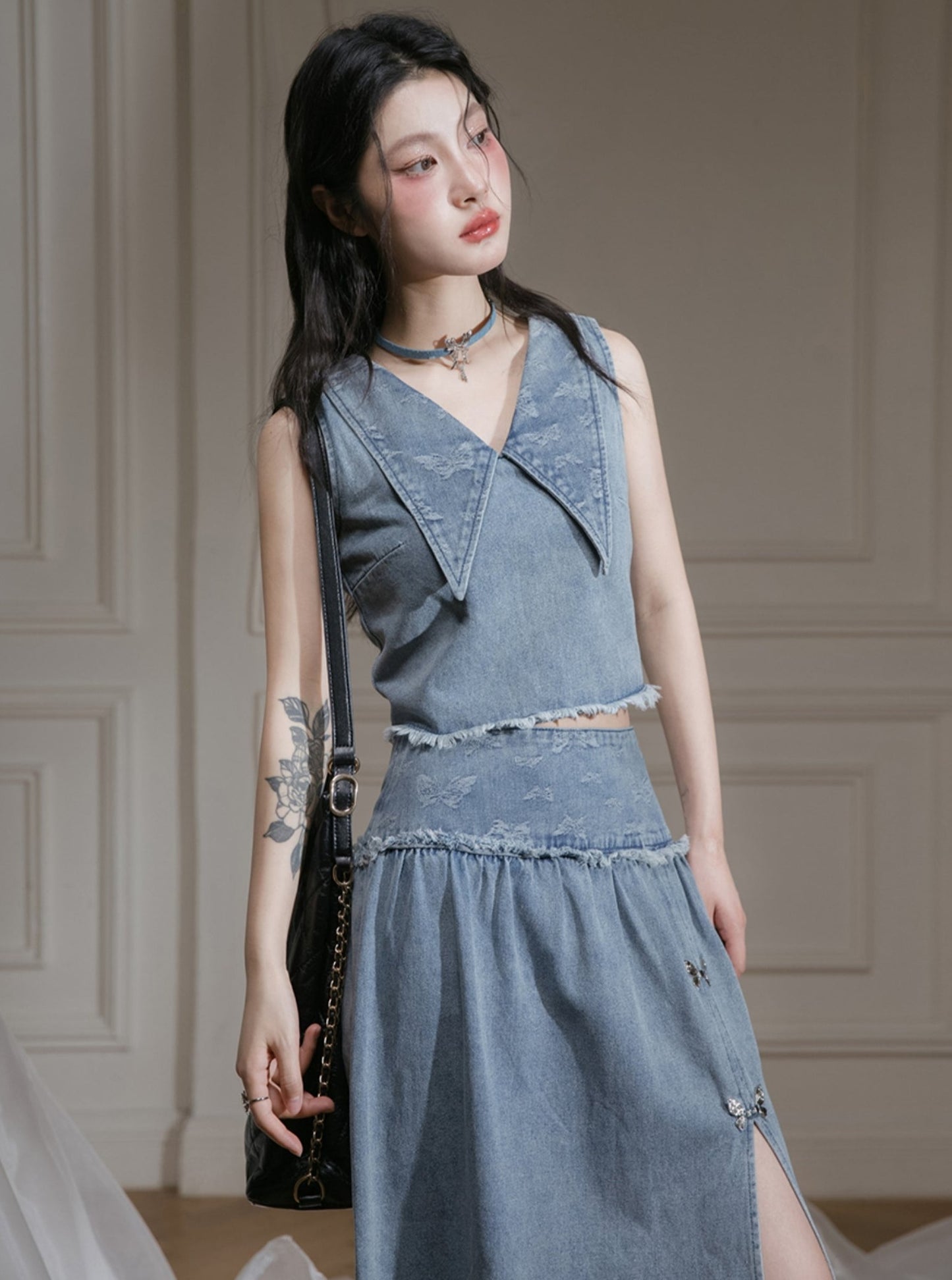 Butterfly Jacquard Denim Top Skirt Set