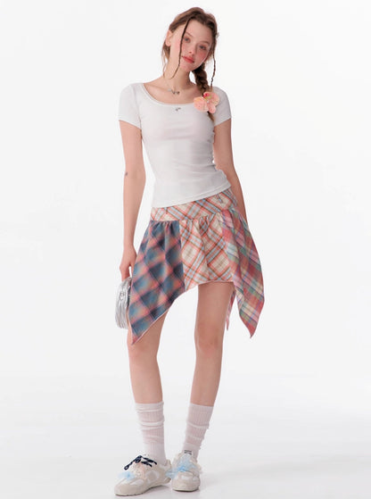 Contrast Stitching Pink Plaid Skirt