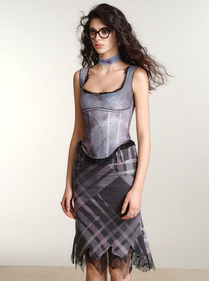 Irregular Lace Plaid Printed Skirt