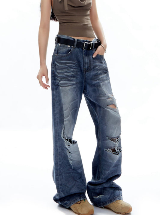 Vintage Distressed Wide-Leg Denim Trousers