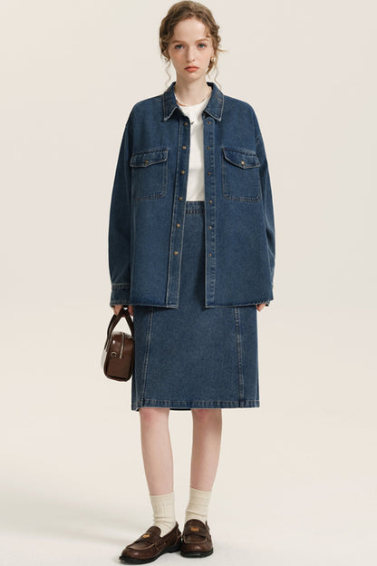 Blue Denim Shirt And Skirt Set-Up