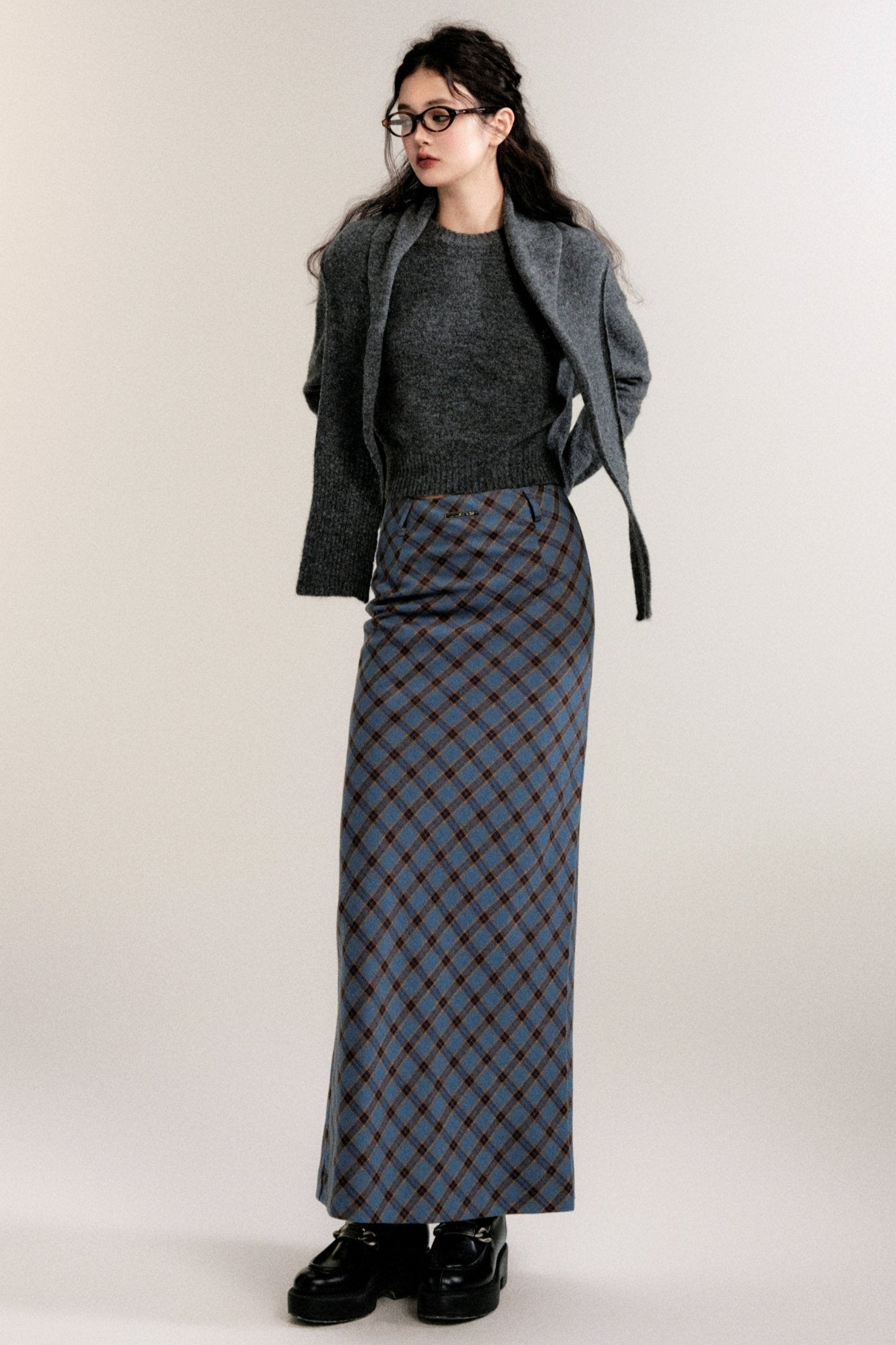 CHIC BLUE CHECK STRAIGHT SKIRT