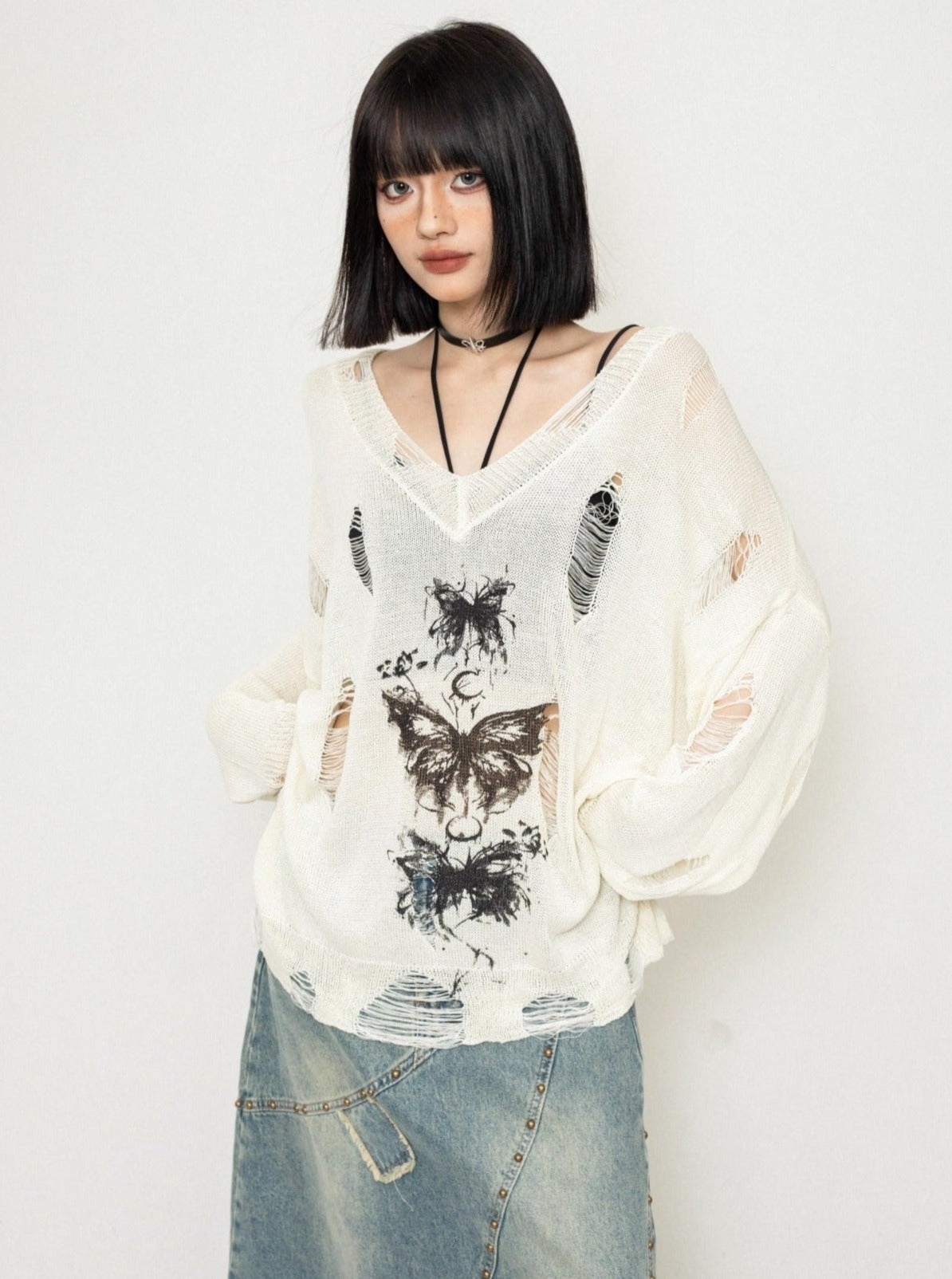 Mesh Cut-Out Butterfly Sweater Top