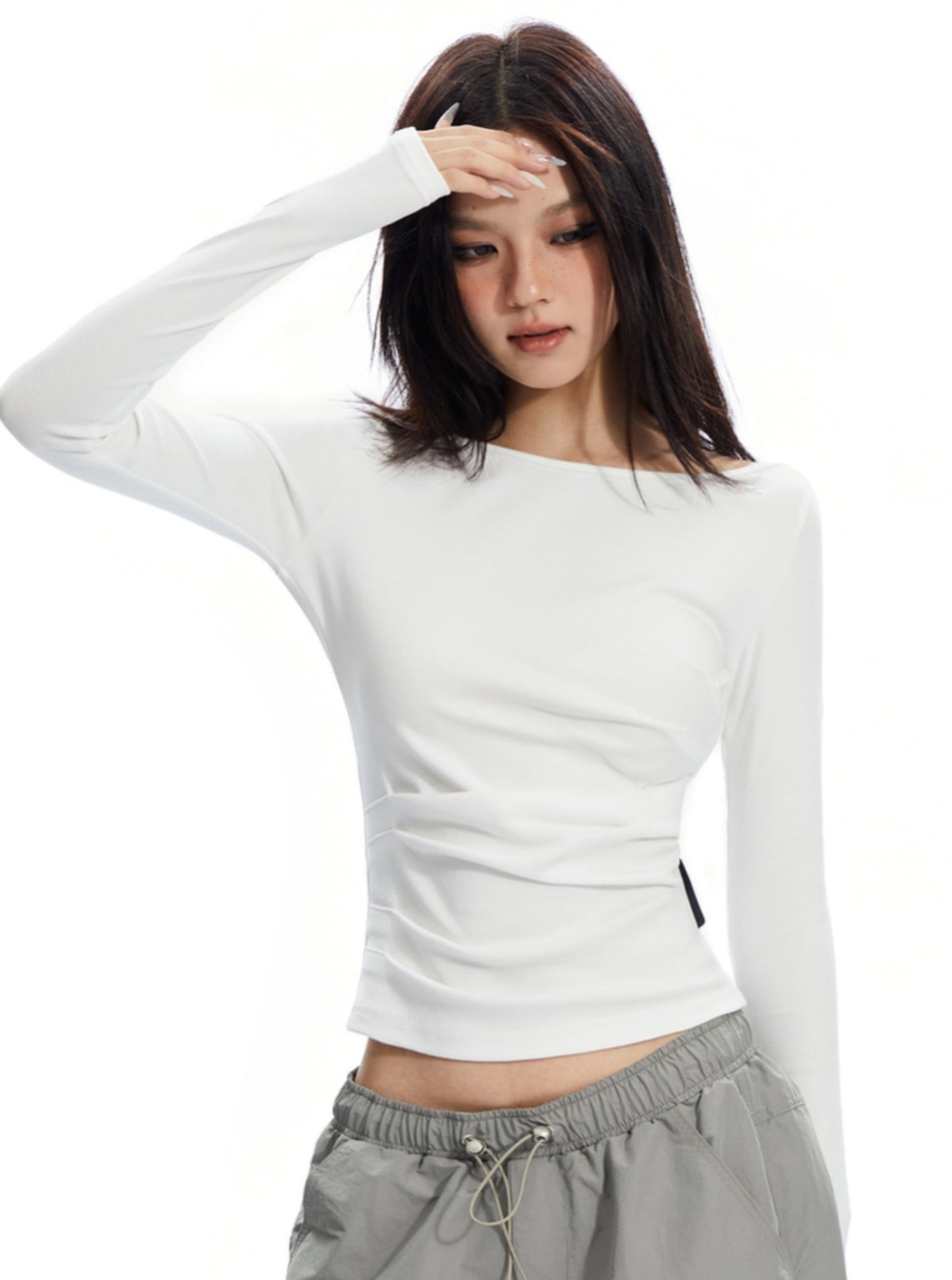 APEAOffice Siren gerader Ausschnitt, offener Rücken, plissierte Taille, schmale Taille, Langarm-T-Shirt, Premium Slim Top