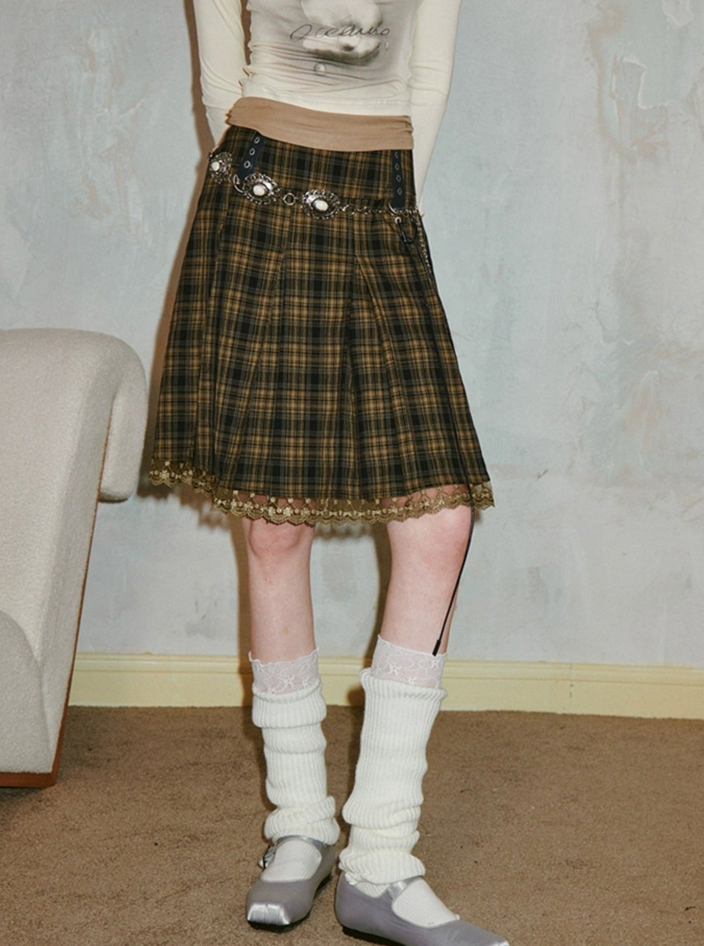 Vintage Elegant Lace Panelled Plaid Skirt