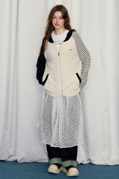 Black and White Striped Hooded Cardigan