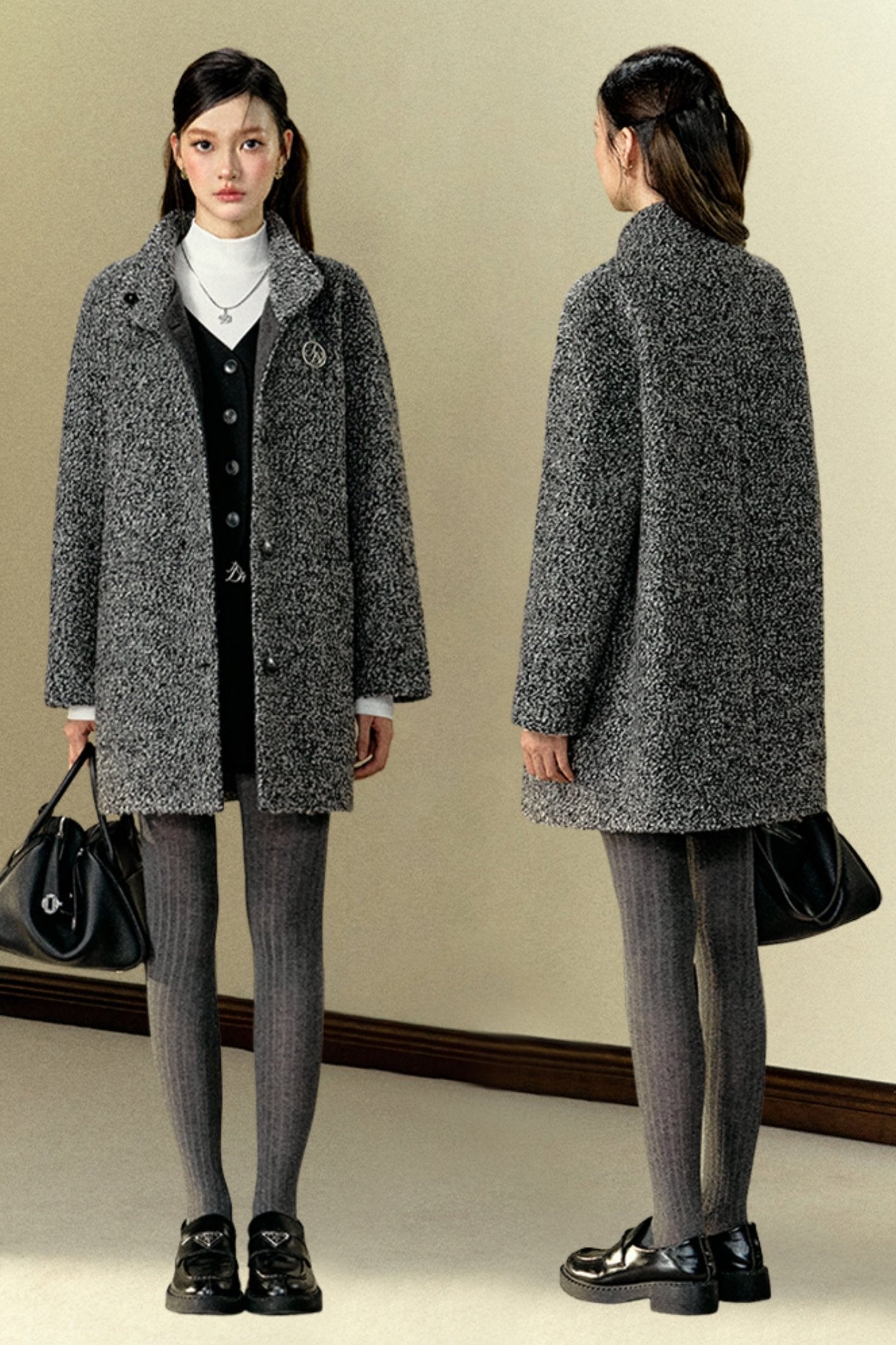 Mid-Length Woolen Stand-Collar Coat