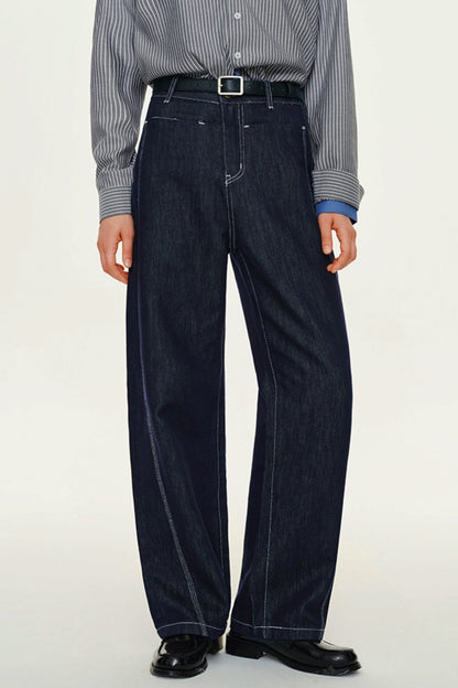 Blue Lyocell Strait-Leg Trousers