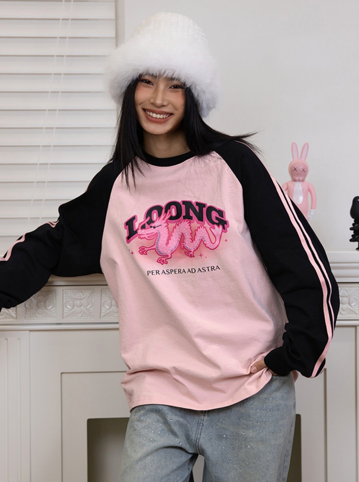 Black Pink Raglan Dragon Sweatshirt