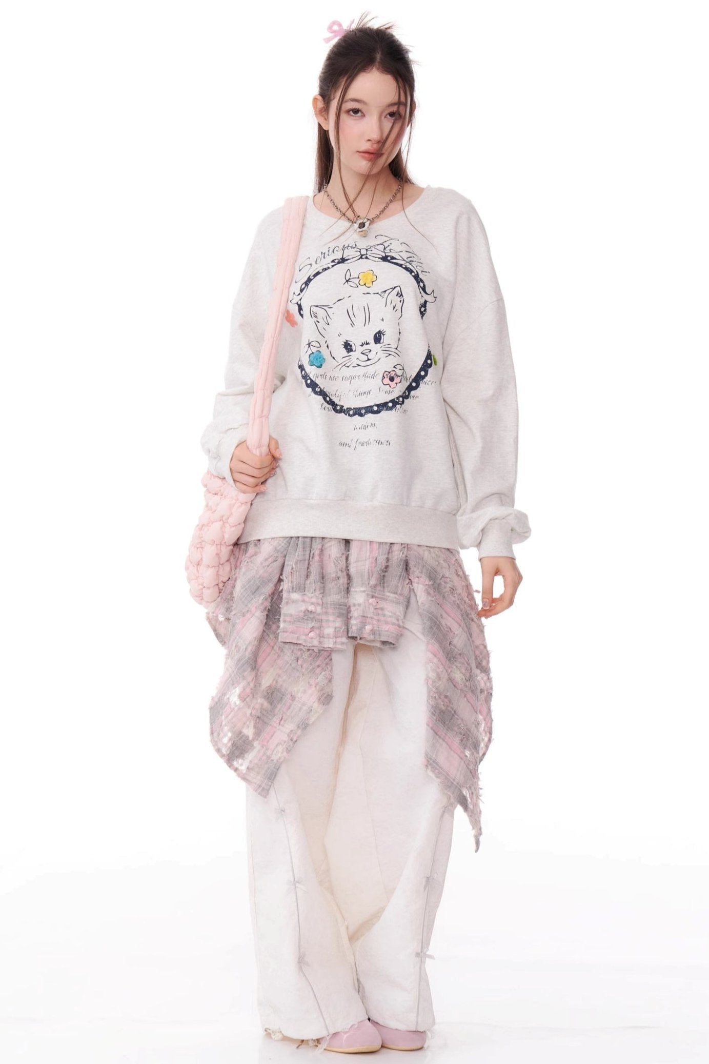 Cat Print Drawstring Loose Sweatshirt