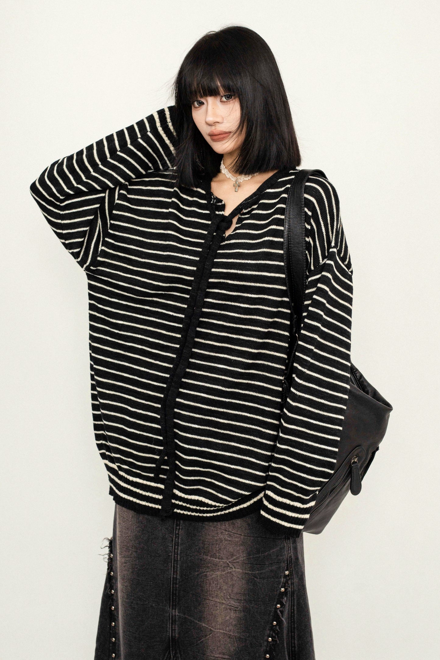 OCTTFLAB Herbst/Winter Lazy Lace-up Striped Loose Sweater Women's 2024 New Hooded Pullover Knit