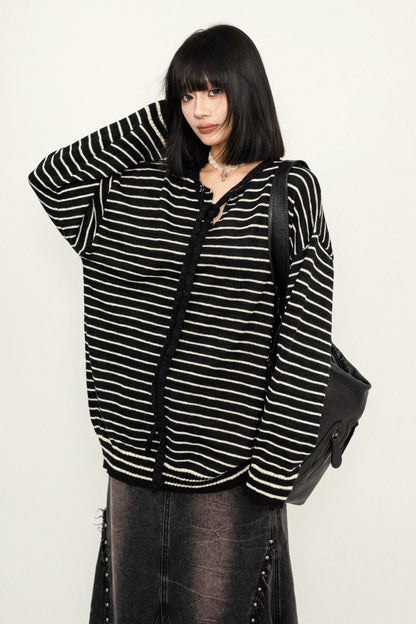 Lace-Up Striped Hooded Knit Sweater