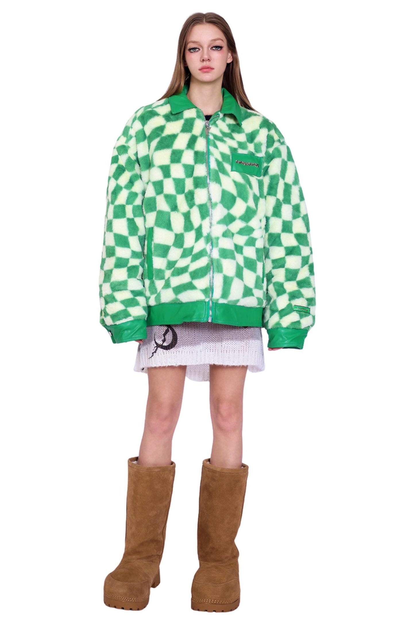 Checkerboard Plush Panel Coat