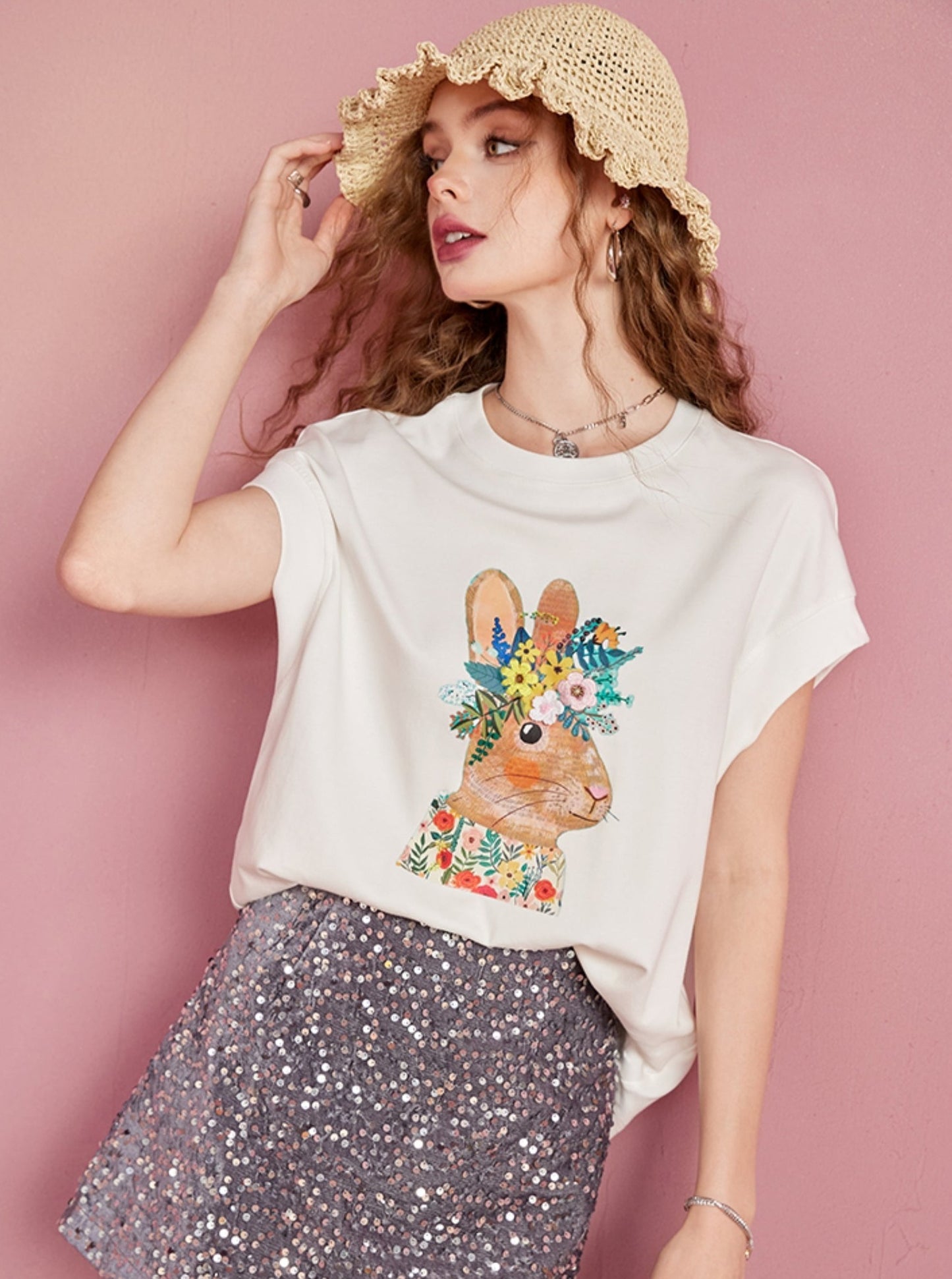 Bunny Print Lose Kurzarm T-Shirt