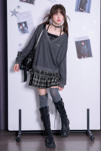 College-Stil Strick Fake-Zweiteiler Kleid 